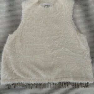 Zara Kids (8-9 Years) Cream Faux Fur Top